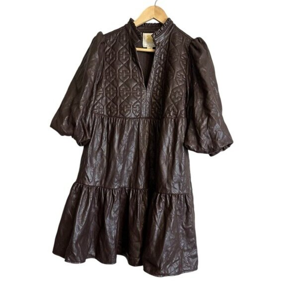 Emily McCarthy XXS Brown FX Leather Puff Sleeve Dress Matrix Steampunk Wet Look - Picture 2 of 16